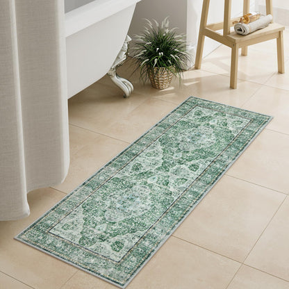 Uphome Boho Small Bath Mat, Distressed Farmhouse Light Khaki Bath Rugs, Comfy Velvet Bathroom Rugs Non Slip Washable, Vintage Oriental Toilet Rug for Sink Shower Vanity, 18x26 inch