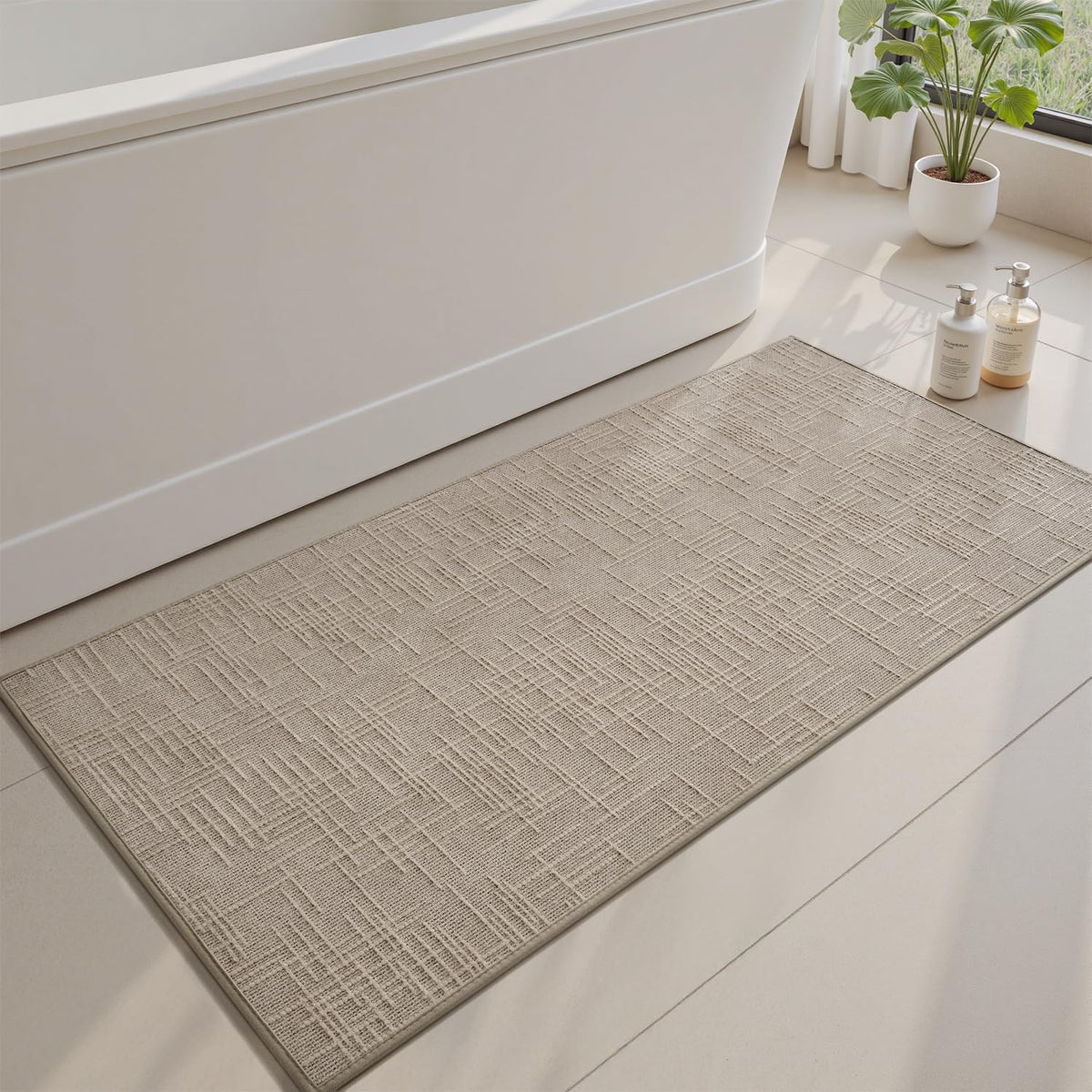 AMOAMI Bath Mat Non Slip Super Absorbent Quick Dry Bath Mats for Bathroom Floor Rubber Backing Washable Bathroom Rugs Modern Woven Jacquard Mat, Beside Tub Bath Rugs, 17" x 24", Brown