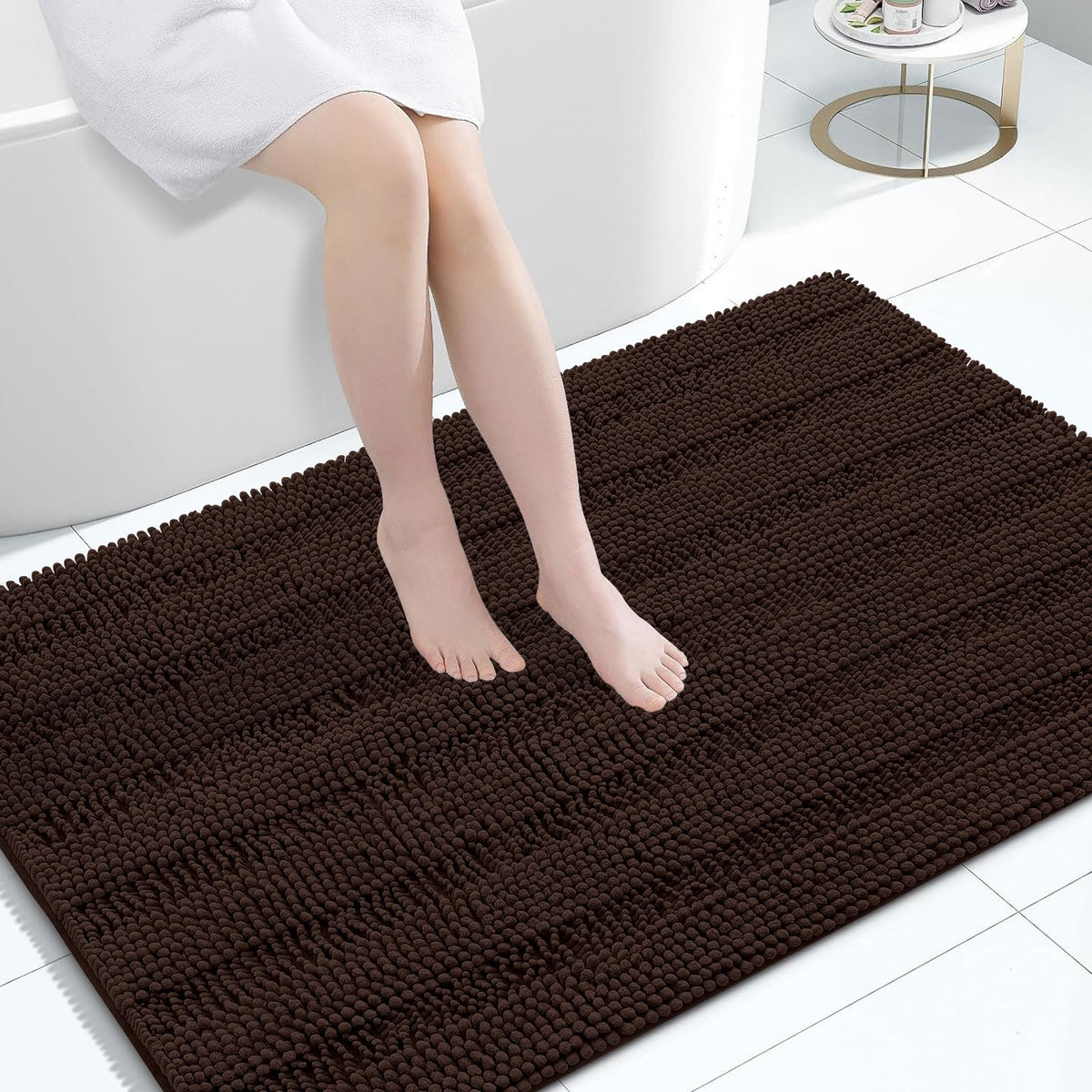 Grandaily Chenille Striped Bathroom Rugs 36x24, Extra Thick and Absorbent Bath Mats, Non-Slip Soft Plush Shaggy Shower Carpet, Machine Wash Dry, Bath Rug for Bathroom, (Large, Light Grey)