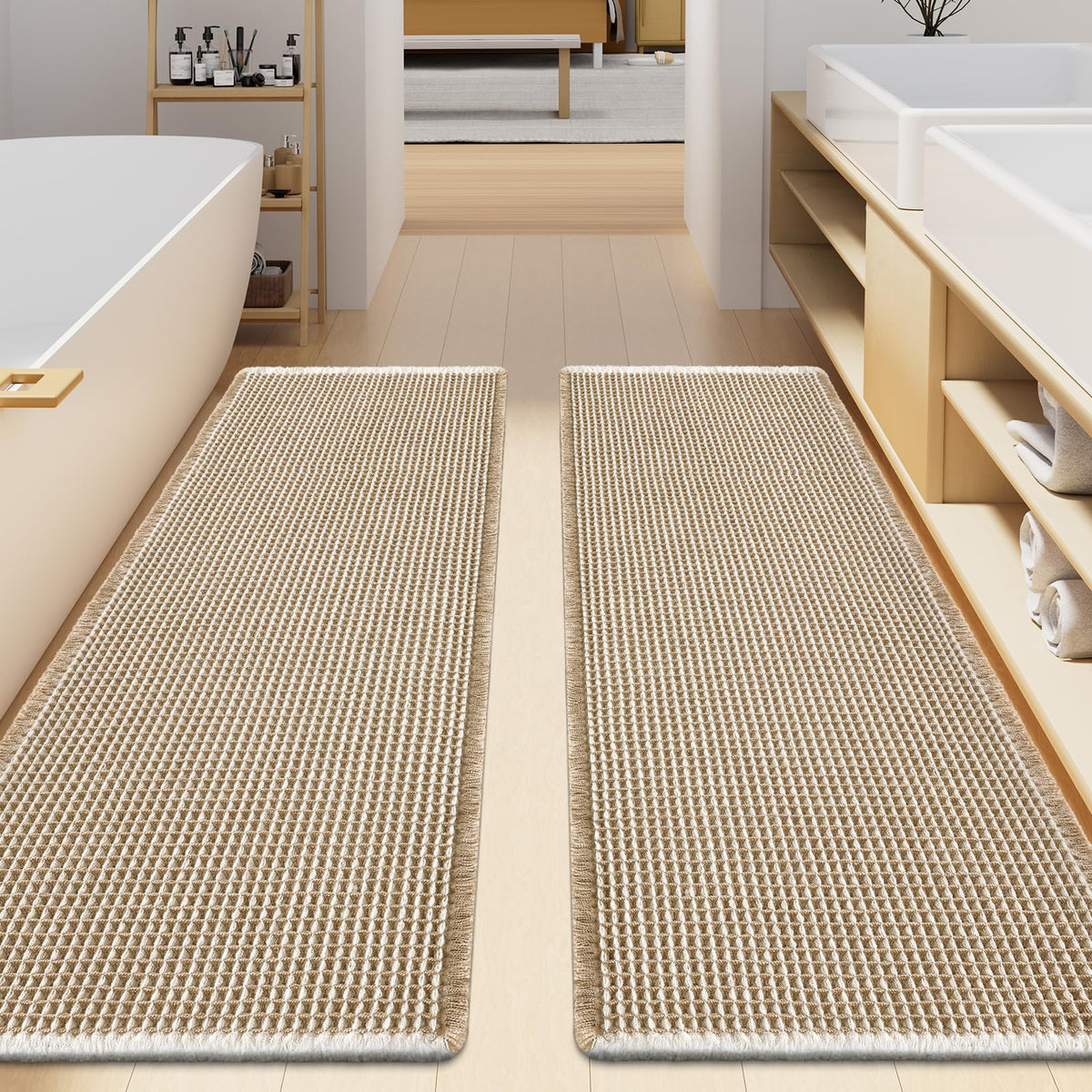 Smiry Waffle Bathroom Rugs Sets 2 Piece (30x20+24x16, Brown)