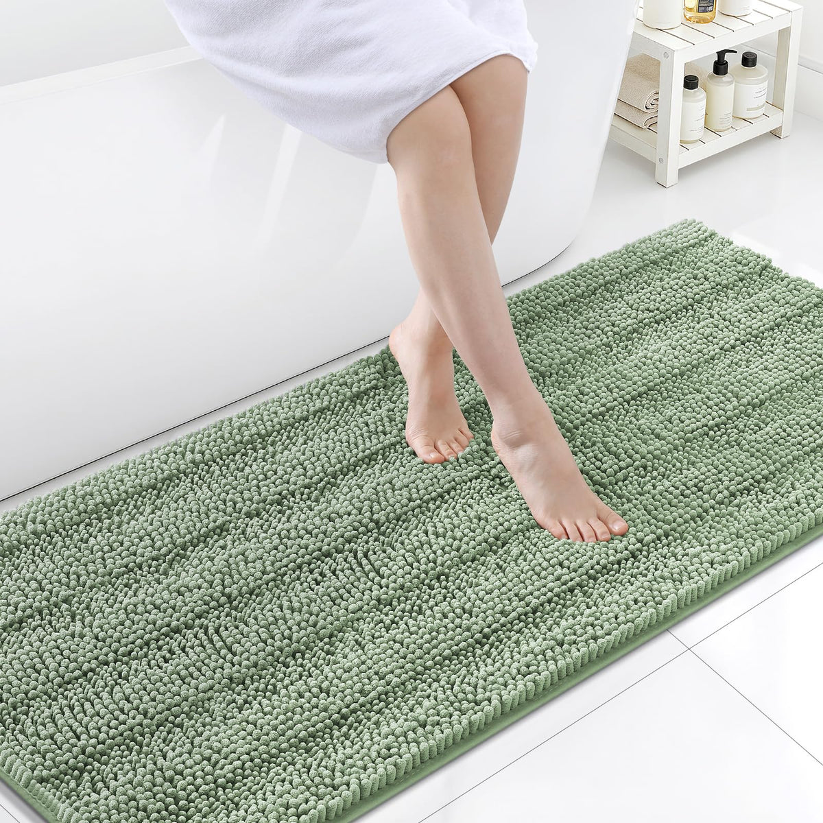 Grandaily Chenille Striped Bathroom Rugs 36x24, Extra Thick and Absorbent Bath Mats, Non-Slip Soft Plush Shaggy Shower Carpet, Machine Wash Dry, Bath Rug for Bathroom, (Large, Light Grey)