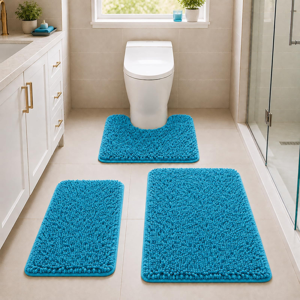 Bathroom Rugs Set Non Slip 3 Piece Bath Mat Washable Chenille Bath Rugs with PVC Backing Bath Carpet,Absorbent Bathroom Mats with Toilet Rug,Bath Mats for Bathroom,Bedroom, Kitchen,Tub,Home Decor