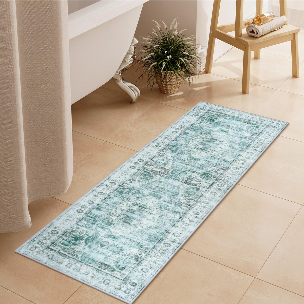 Uphome Boho Small Bath Mat, Distressed Farmhouse Light Khaki Bath Rugs, Comfy Velvet Bathroom Rugs Non Slip Washable, Vintage Oriental Toilet Rug for Sink Shower Vanity, 18x26 inch