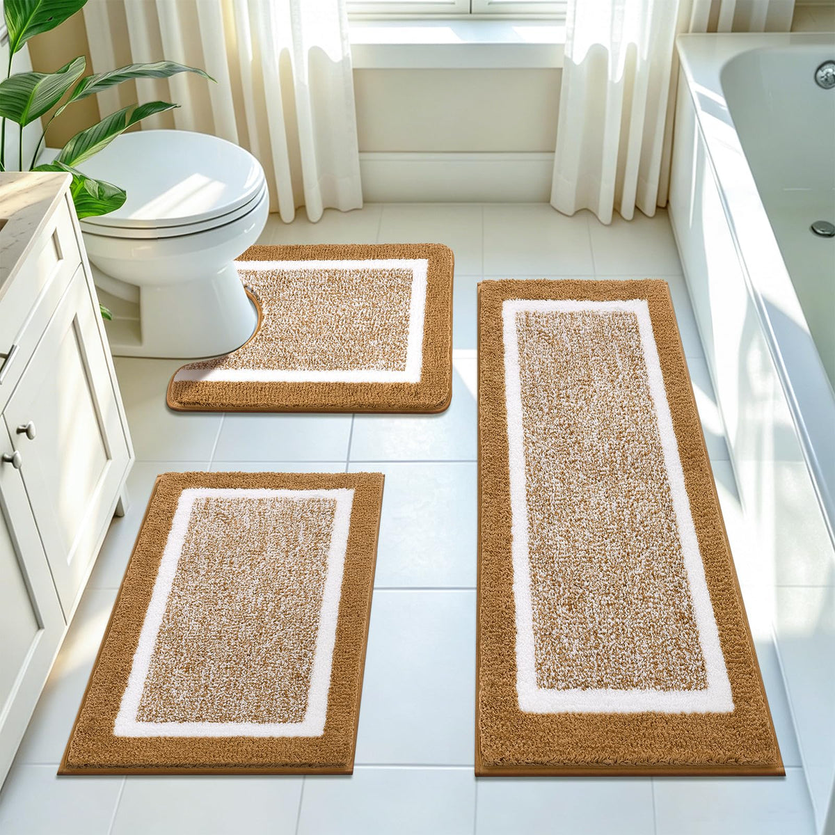 Pauwer Bathroom Rugs 3 Piece Set, Non Slip Washable Bath Mat, Dark Grey