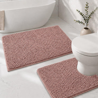 Bathroom Rugs Sets 2 Piece,Super Absorbent Soft,Thick,Machine Washable Chenille Bath Mat,Non Slip Toilet Floor Rug,Bath Mats for Bathroom,20x32 Plus 20x20 U Shape,Light Grey