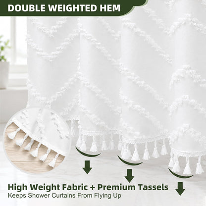 Siiluminisoy White Shower Curtain Fabric Boho Shower Curtain Cloth Textured Tufted Chevron Elegant Shower Curtains Waterproof for Bathroom 72" x 72"