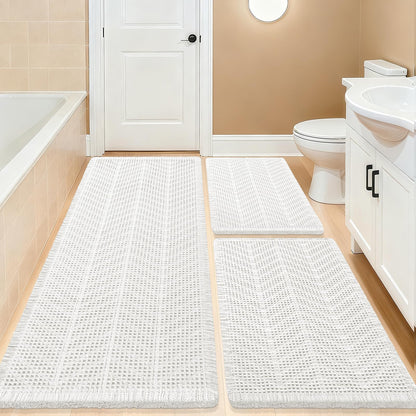 Upgrade Waffle Bath Mat Set 2 Piece, Boho Bathroom Rugs Absorbent Non Slip, Ultra Soft Bathroom Mat, Machine Washable Knit Bath Rugs with Herringbones for Bathroom, Bedroom, Kitchen, Shower, White