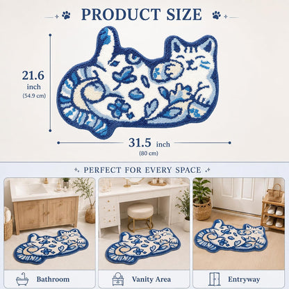 Cute Cat Bath Mat, Unique Blue Small Fun Bathroom Rug
