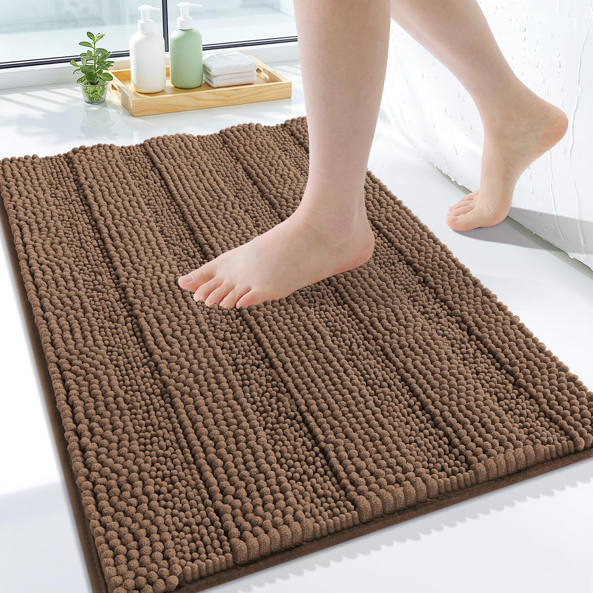 Grandaily Chenille Striped Bathroom Rugs 36x24, Extra Thick and Absorbent Bath Mats, Non-Slip Soft Plush Shaggy Shower Carpet, Machine Wash Dry, Bath Rug for Bathroom, (Large, Light Grey)