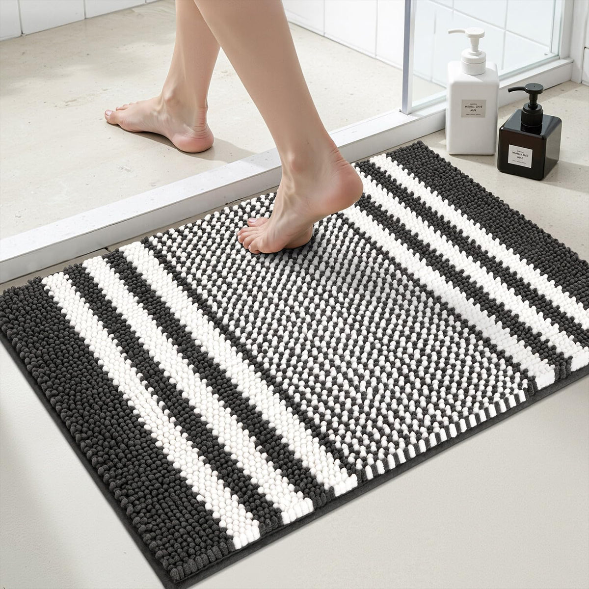 BSICPRO Bathroom Rugs Sets 2 Piece, Non Slip Striped Bath Mats, Fog Blue