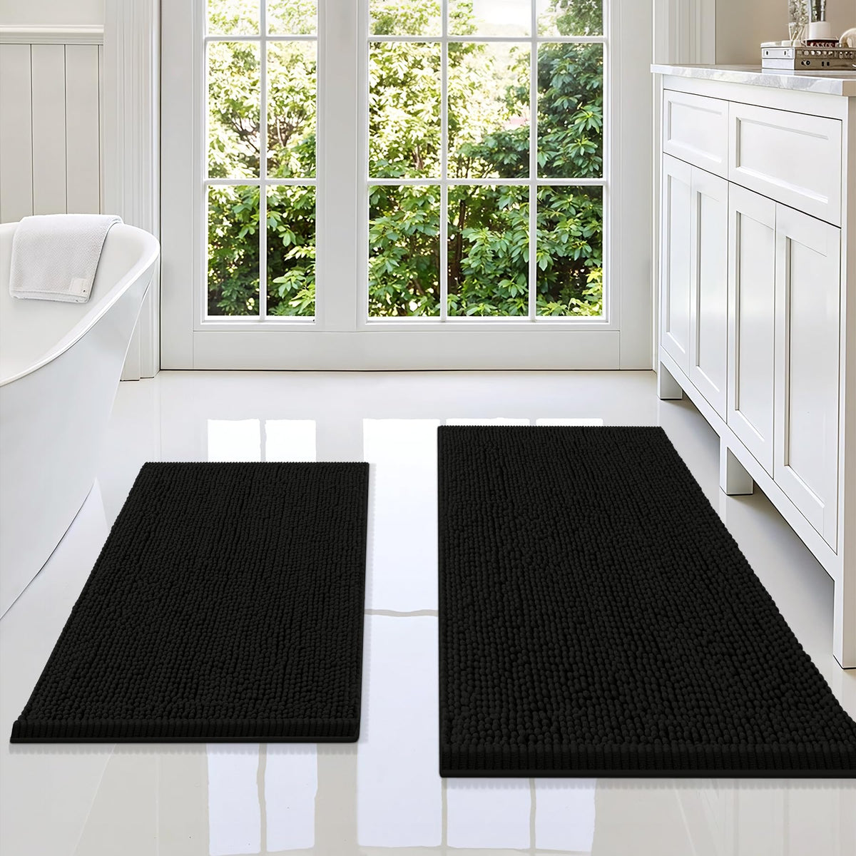 Smiry Chenille Bathroom Rugs Sets 2 Piece (30x20+24x16, Black)