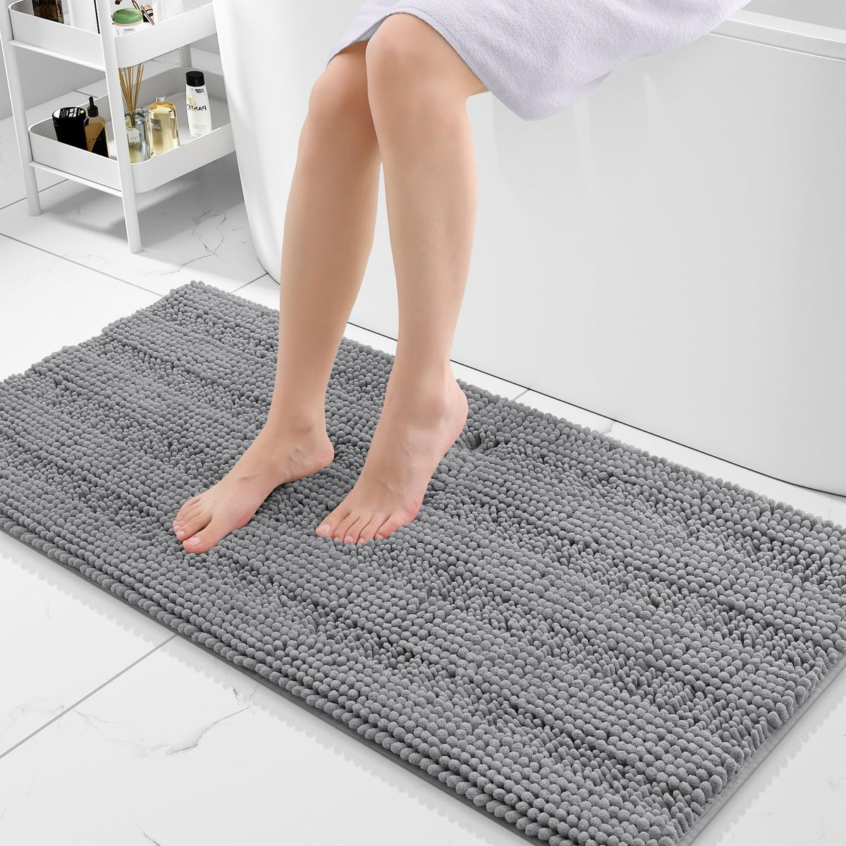Grandaily Chenille Striped Bathroom Rugs 36x24, Extra Thick and Absorbent Bath Mats, Non-Slip Soft Plush Shaggy Shower Carpet, Machine Wash Dry, Bath Rug for Bathroom, (Large, Light Grey)