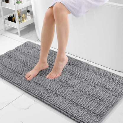 Grandaily Chenille Striped Bathroom Rugs 36x24, Extra Thick and Absorbent Bath Mats, Non-Slip Soft Plush Shaggy Shower Carpet, Machine Wash Dry, Bath Rug for Bathroom, (Large, Light Grey)