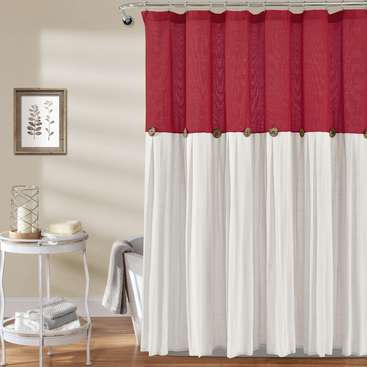 Lush Decor Linen Button Shower Curtain, 72" W x 72" L, Linen - Neural Shower Curtain Fabric - Bathroom Curtain - Farmhouse Bathroom Decor