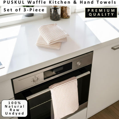 PÜSKÜL Natural 100% Turkish Cotton Waffle Hand and Kitchen Towels Set of 3