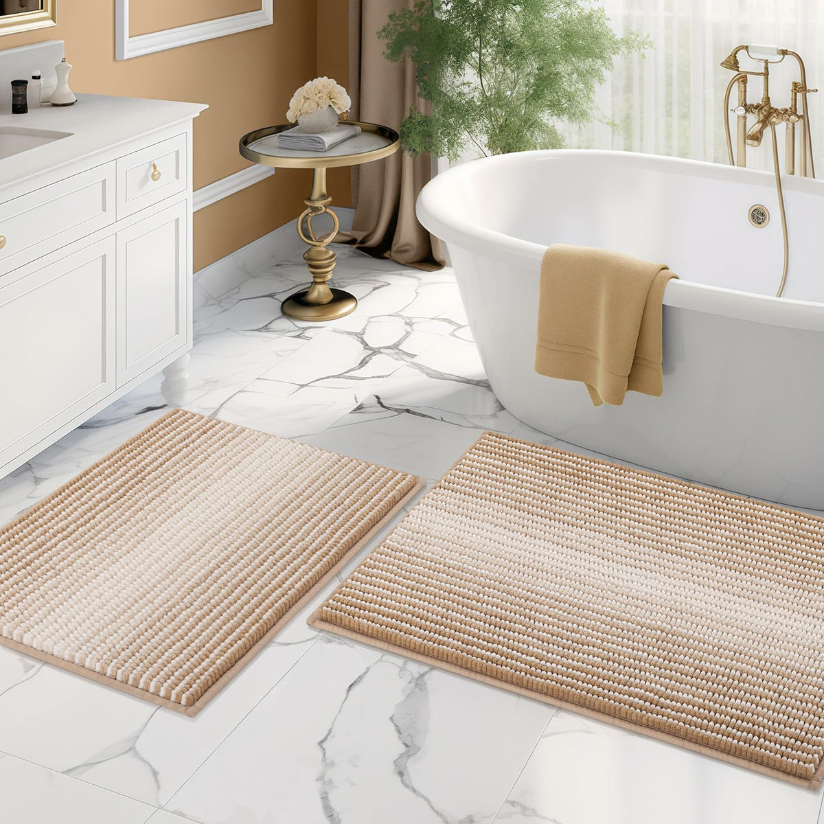 BSICPRO Bathroom Rugs Sets 2 Piece, Non Slip Striped Bath Mats, Fog Blue