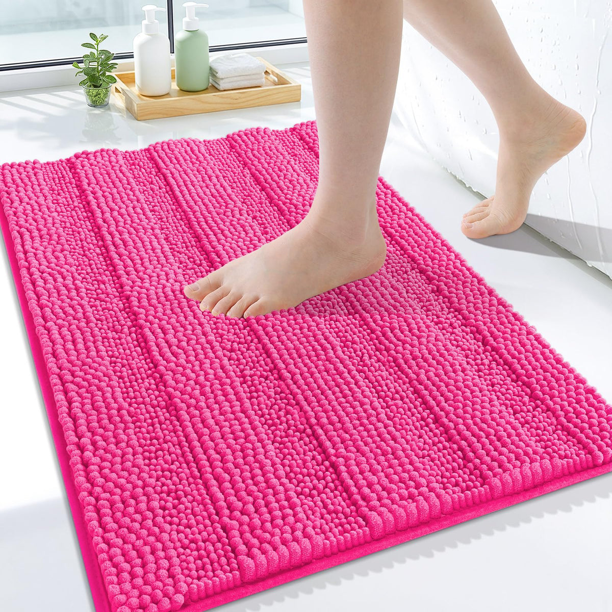 Grandaily Chenille Striped Bathroom Rugs 36x24, Extra Thick and Absorbent Bath Mats, Non-Slip Soft Plush Shaggy Shower Carpet, Machine Wash Dry, Bath Rug for Bathroom, (Large, Light Grey)
