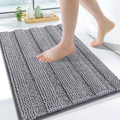 Grandaily Chenille Striped Bathroom Rugs 36x24, Extra Thick and Absorbent Bath Mats, Non-Slip Soft Plush Shaggy Shower Carpet, Machine Wash Dry, Bath Rug for Bathroom, (Large, Light Grey)