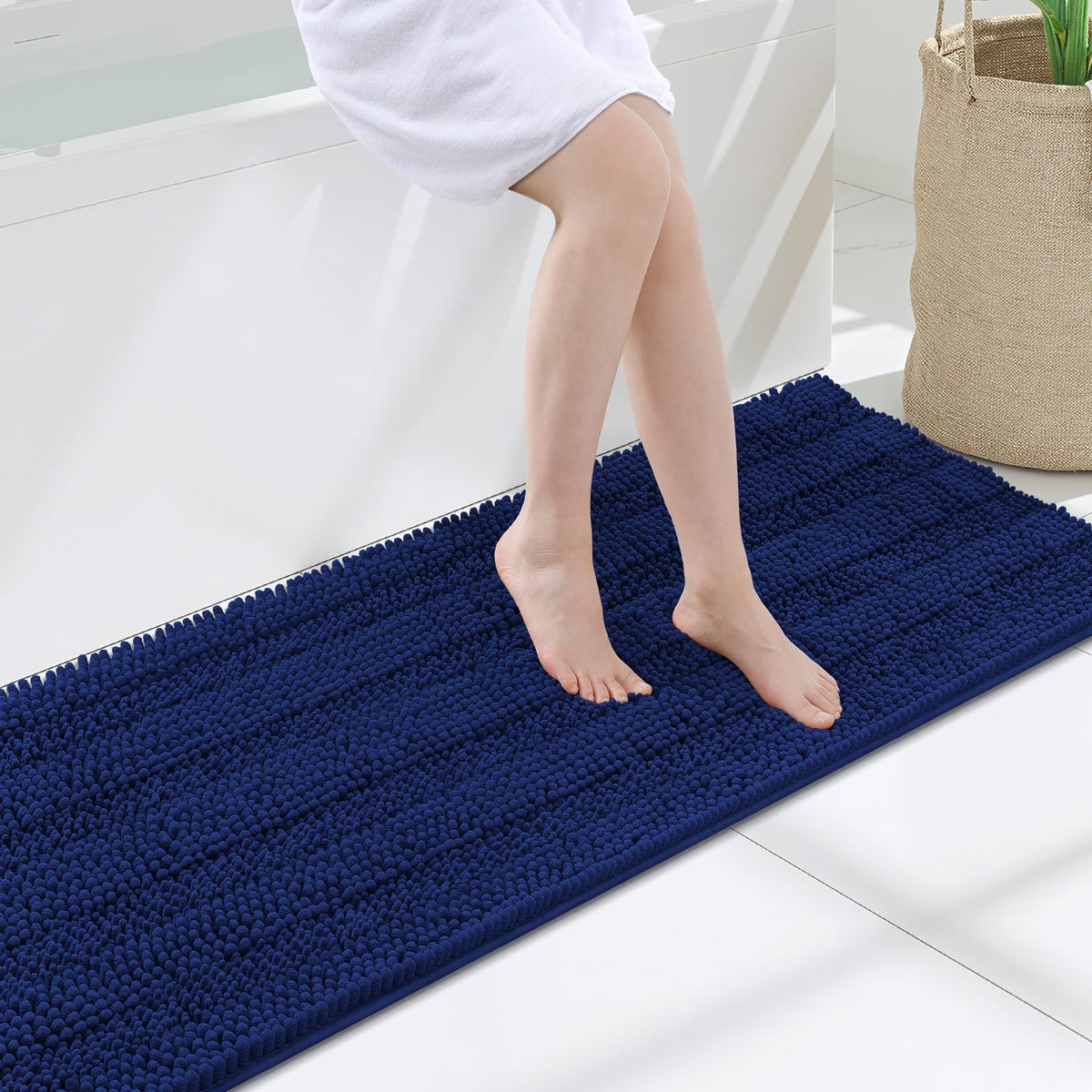 Grandaily Chenille Striped Bathroom Rugs 36x24, Extra Thick and Absorbent Bath Mats, Non-Slip Soft Plush Shaggy Shower Carpet, Machine Wash Dry, Bath Rug for Bathroom, (Large, Light Grey)