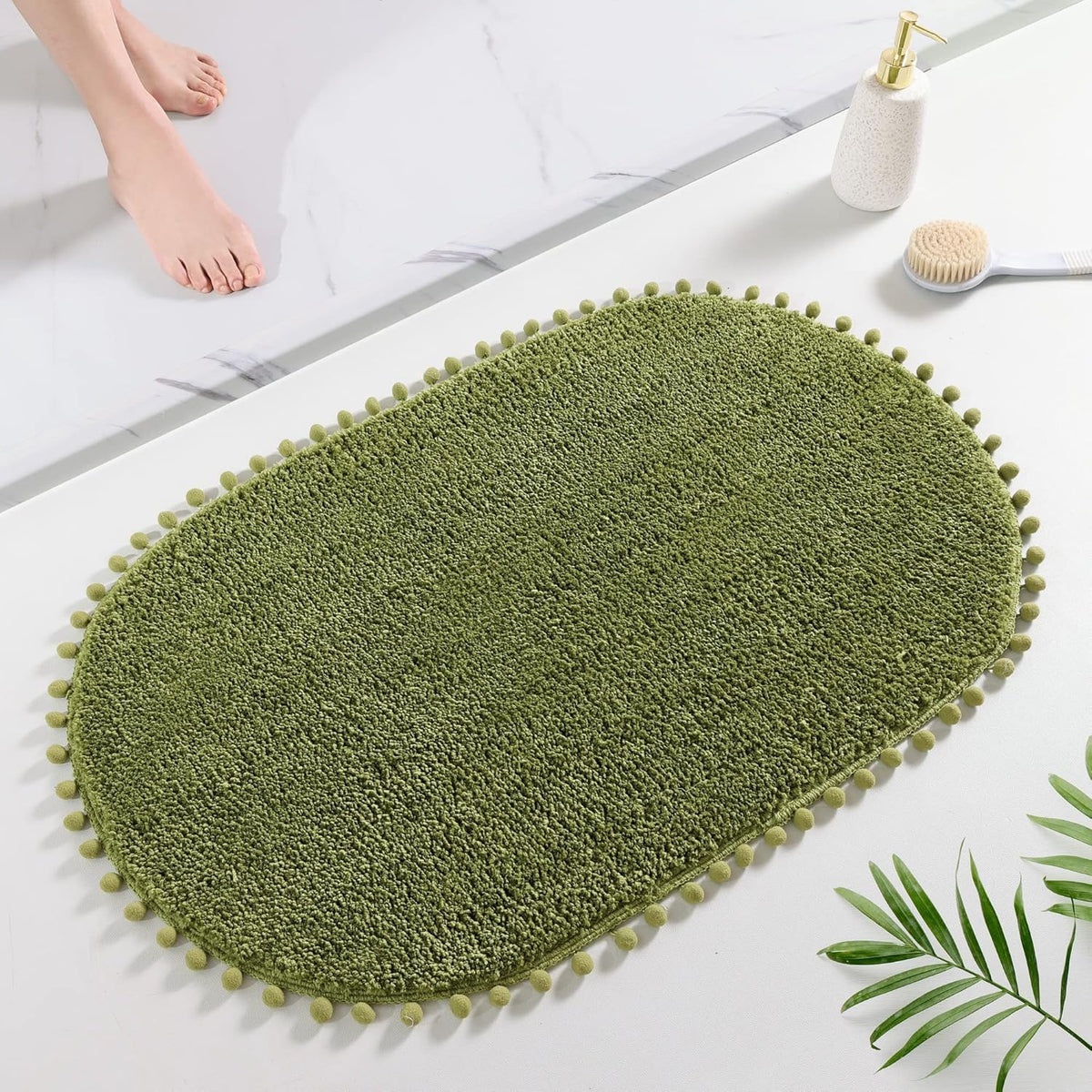 YIRDDEO Oval Rug for Bathroom, Cute Boho Bath Mat with Pom, Olive Green