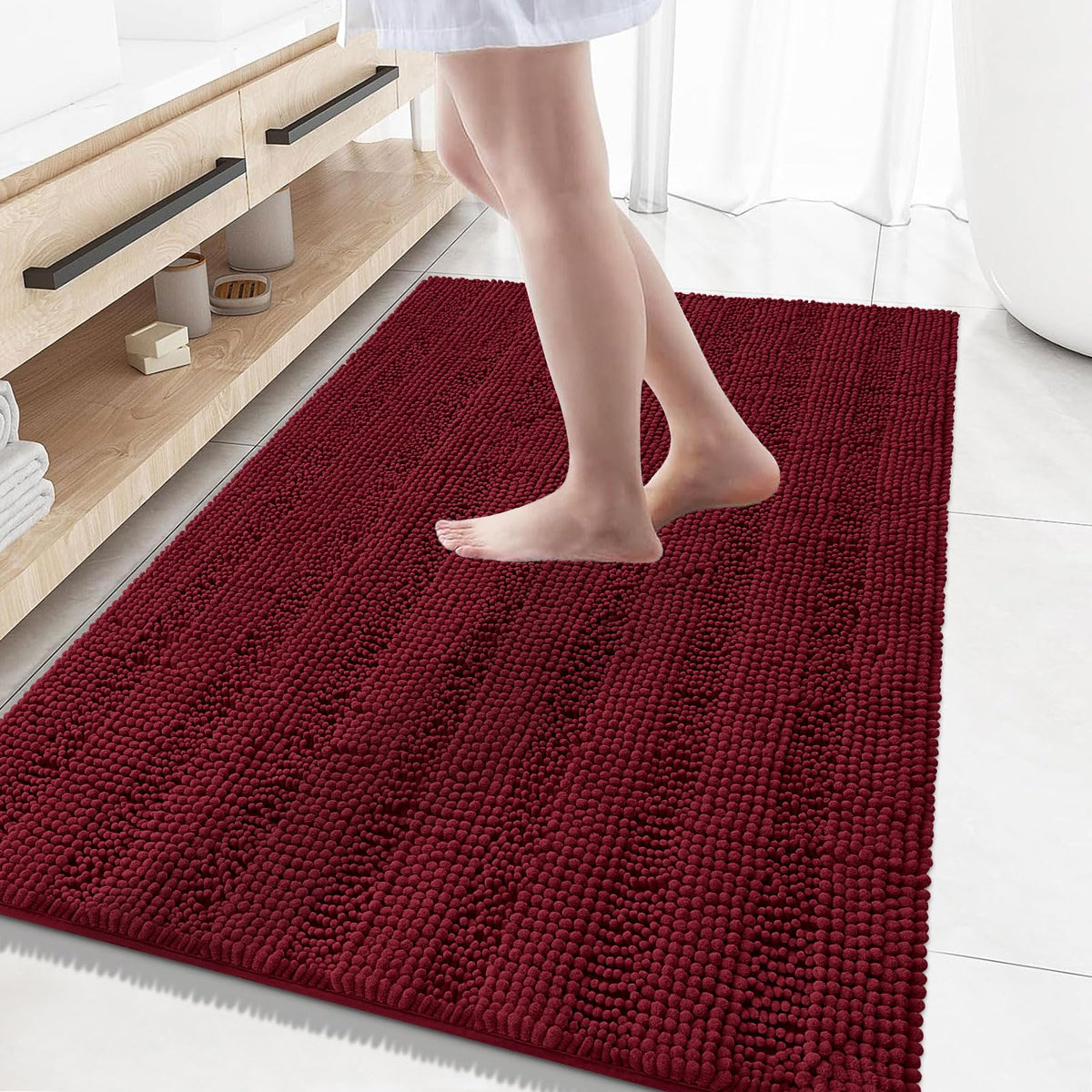 Grandaily Chenille Striped Bathroom Rugs 36x24, Extra Thick and Absorbent Bath Mats, Non-Slip Soft Plush Shaggy Shower Carpet, Machine Wash Dry, Bath Rug for Bathroom, (Large, Light Grey)