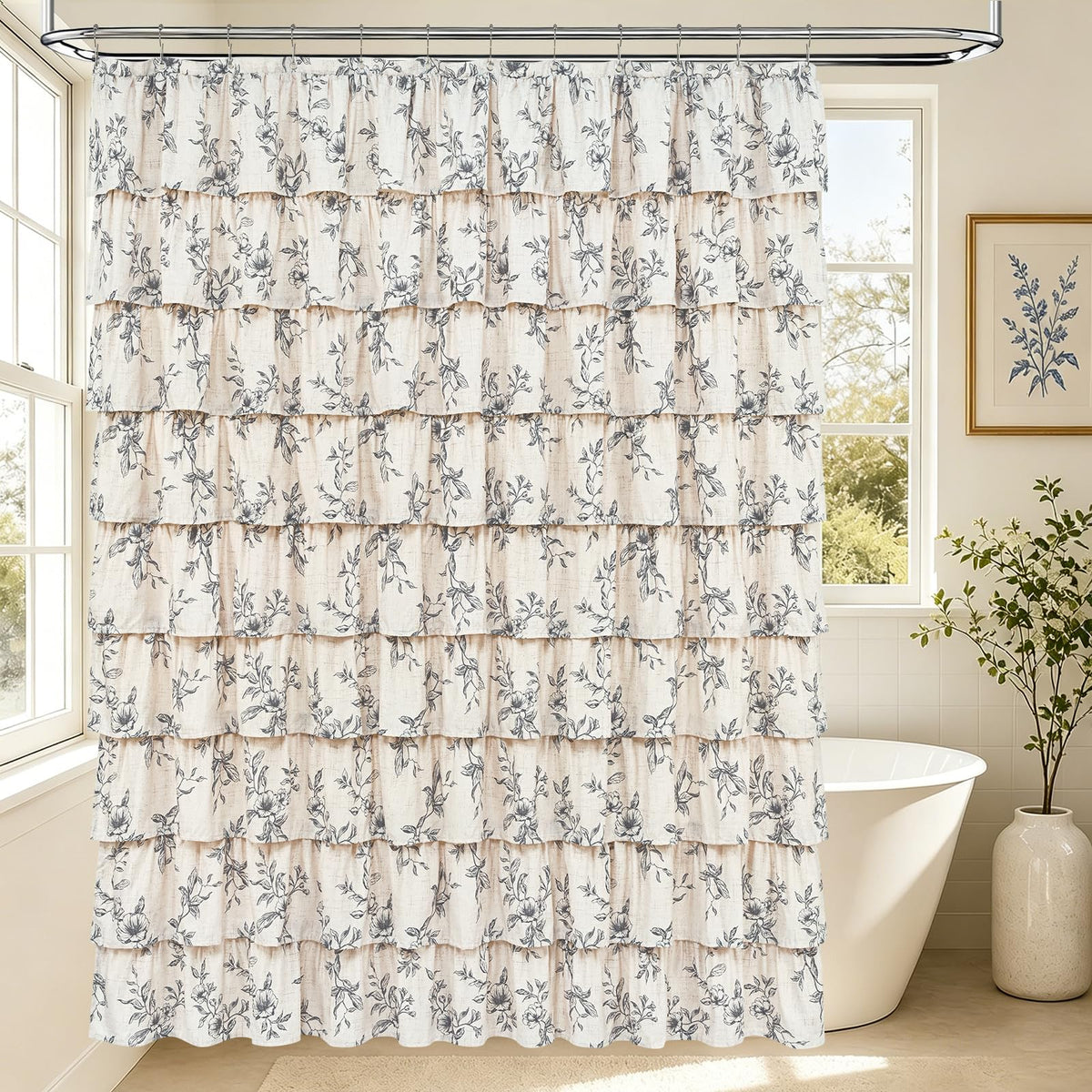 Farmhouse Floral Shower Curtain, Ruffle Bathroom Curtains, 72"Wx72"L