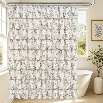 Farmhouse Floral Shower Curtain, Ruffle Bathroom Curtains, 72"Wx72"L