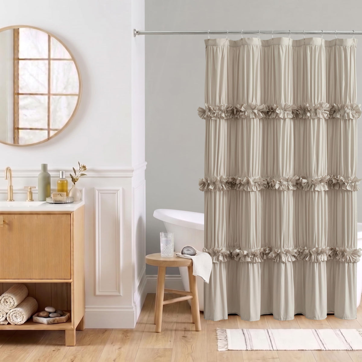 Homechoice Decor Peach Ruffle Shower Curtain for Master Bathroom