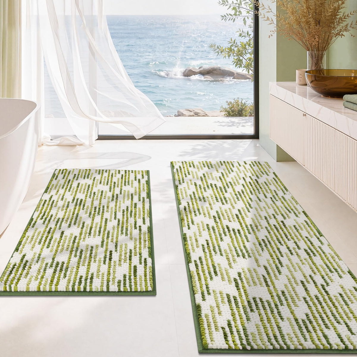 BSICPRO Bathroom Rugs Sets 2 Piece, Non Slip Striped Bath Mats, Fog Blue