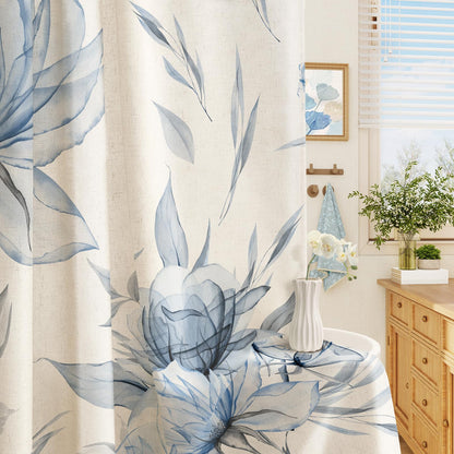 Blue Boho Floral Shower Curtain, Watercolor Botanical Design, 72 x 72