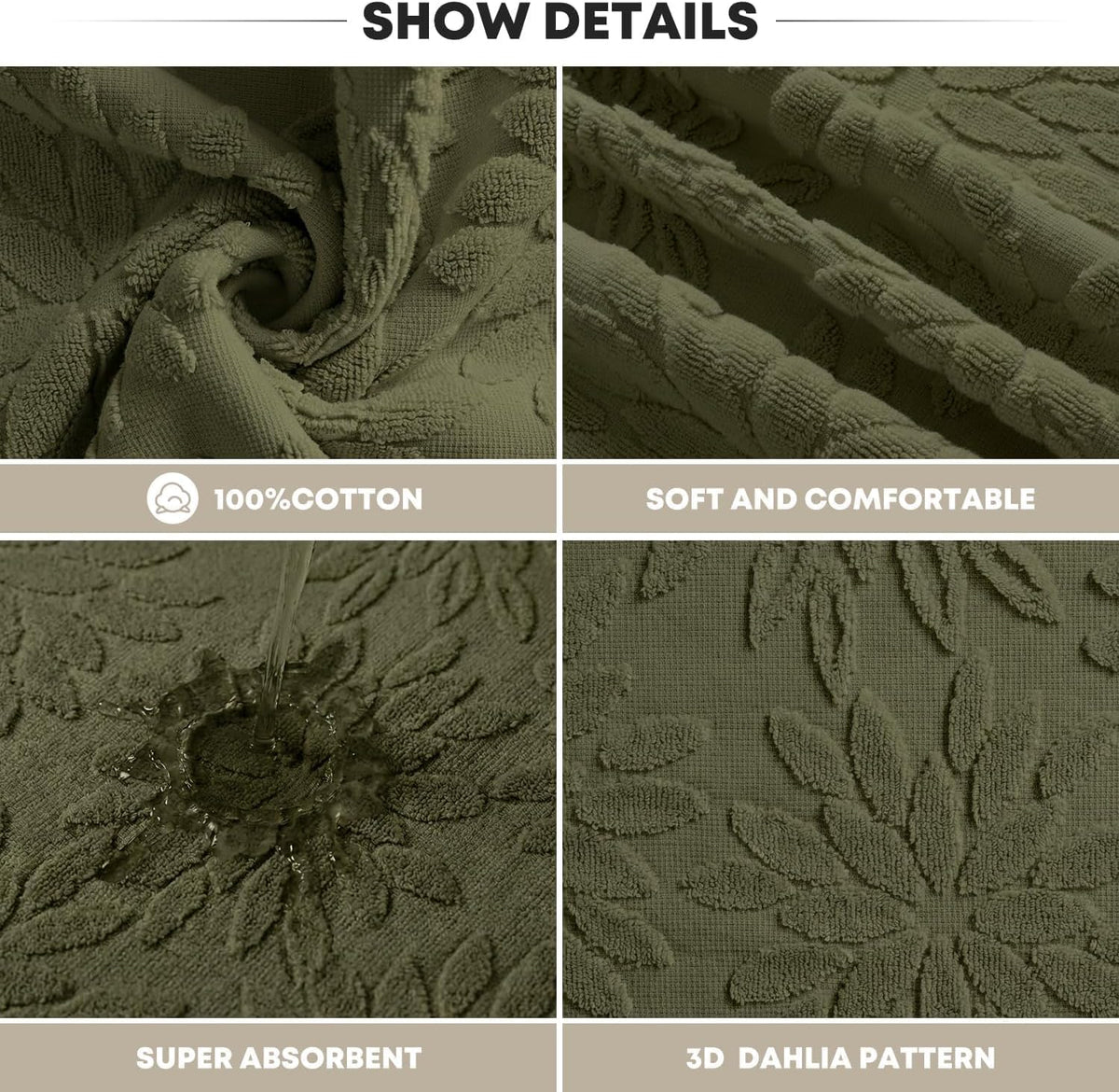 Artoid Mode 2 Pcs Olive Green 3D Dahlia Floral Jacquard Hand Towels for Bathroom, Cotton Soft Absorbent Bathroom Decor Towels, 13.7 x 29.5 Inch