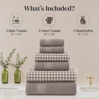 Modern Threads 6 Piece Bath Towel Set – Bathroom Towel Set with 2 Bath Towels, 2 Hand Towels & 2 Washcloths – 100% Cotton, Soft & Absorbent – Waffle (Classic Taupe)