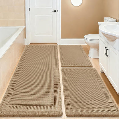 Upgrade Waffle Bath Mat Set 2 Piece, Boho Bathroom Rugs Absorbent Non Slip, Ultra Soft Bathroom Mat, Machine Washable Knit Bath Rugs with Herringbones for Bathroom, Bedroom, Kitchen, Shower, White