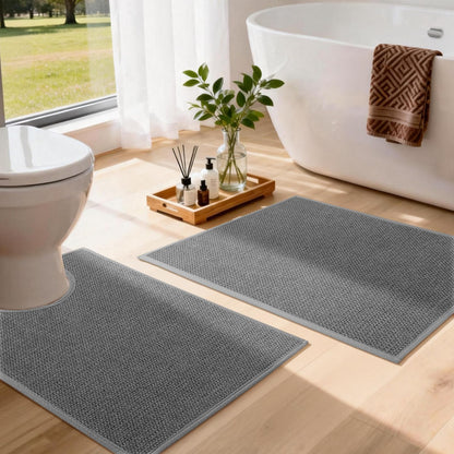 YIHOUSE Gray Bathroom Rugs Sets 3 Piece, Quick Dry Thin Bath Mat with Toilet Rug, Non Slip Absorbent Machine Washable, Bath Runner Rugs for Bathtub Sink Home Decor