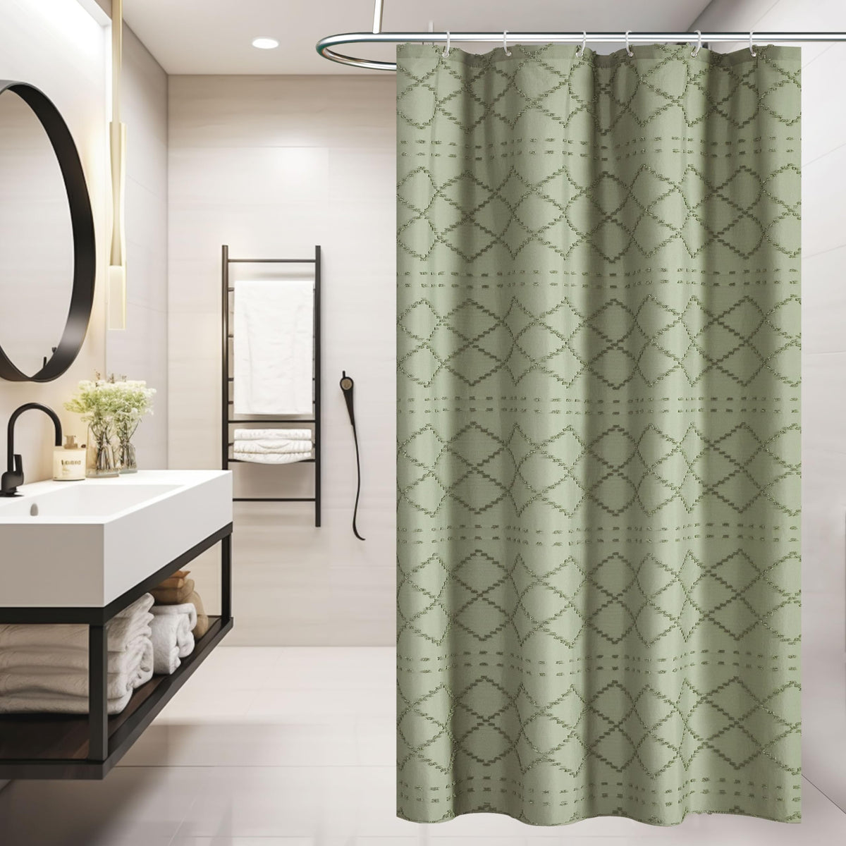 Siiluminisoy Navy Blue Shower Curtain Boho Shower Curtains Fabric, Tufted Chevron Textured Striped Modern Minimalist Cloth Shower Curtain for Bathroom, 72 x 72