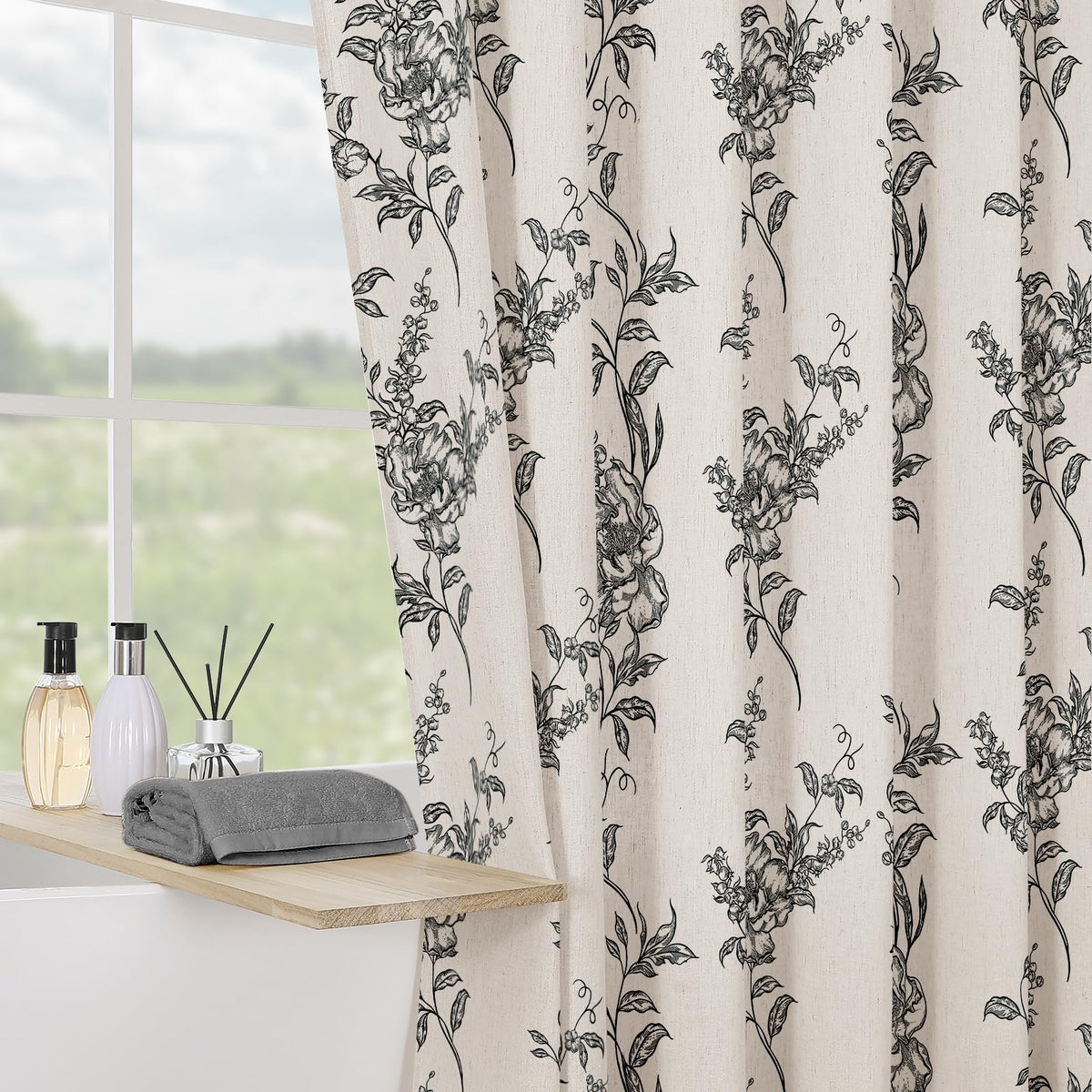 Sage Linen Farmhouse Shower Curtain, Boho Floral Bathroom 72x72