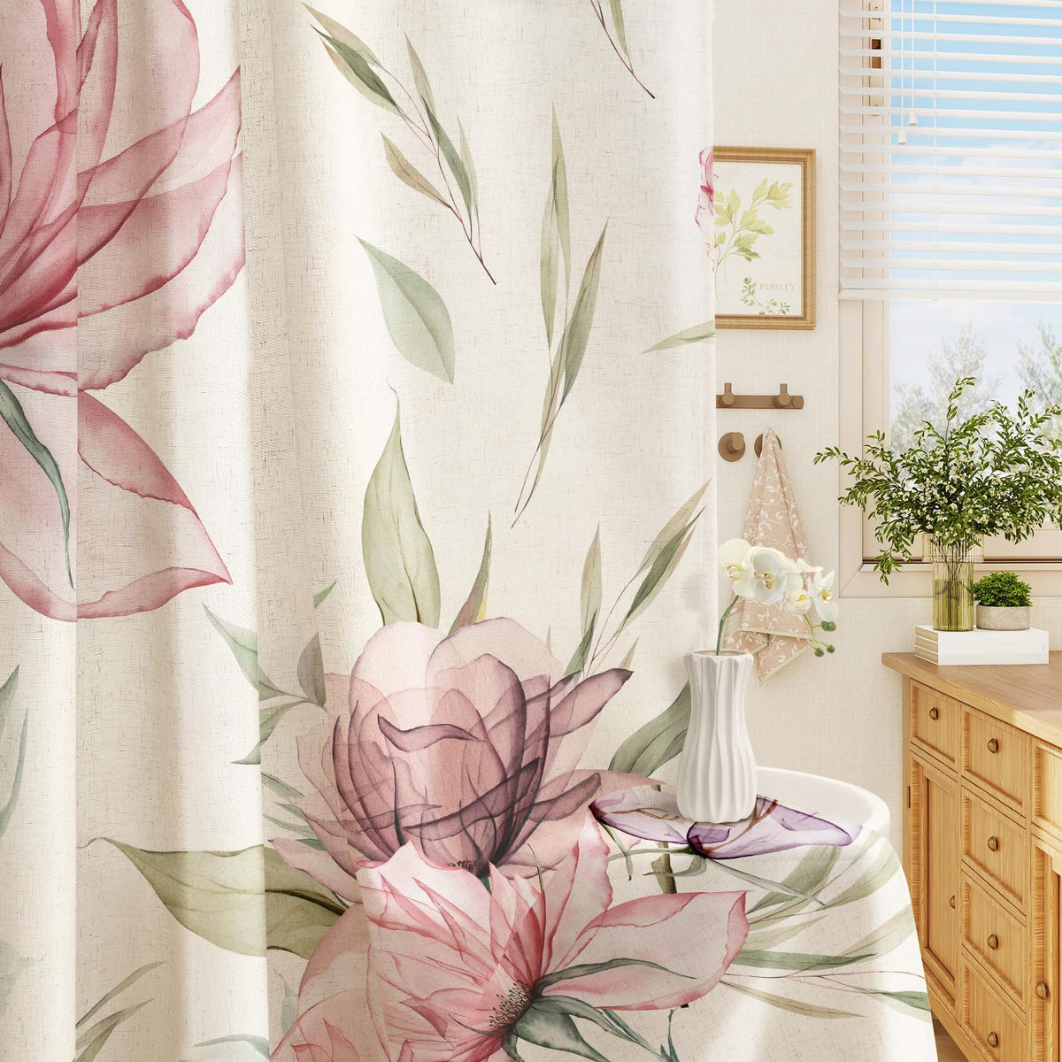 Blue Boho Floral Shower Curtain, Watercolor Botanical Design, 72 x 72
