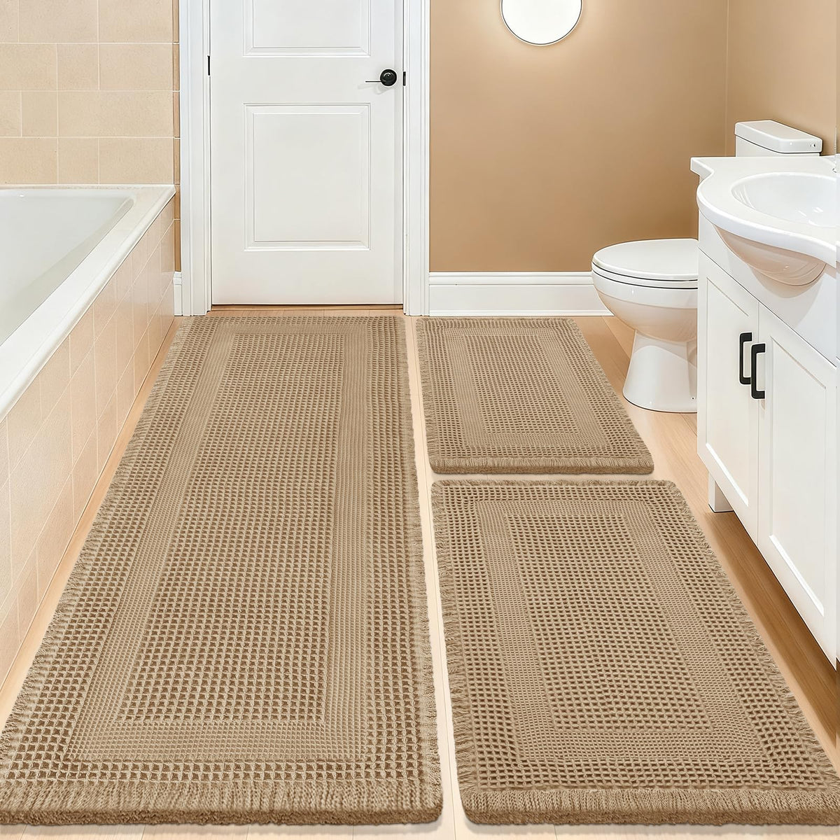 Upgrade Waffle Bath Mat Set 2 Piece, Boho Bathroom Rugs Absorbent Non Slip, Ultra Soft Bathroom Mat, Machine Washable Knit Bath Rugs with Herringbones for Bathroom, Bedroom, Kitchen, Shower, White