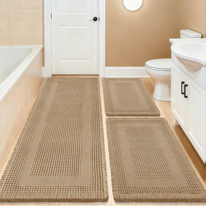 Upgrade Waffle Bath Mat Set 2 Piece, Boho Bathroom Rugs Absorbent Non Slip, Ultra Soft Bathroom Mat, Machine Washable Knit Bath Rugs with Herringbones for Bathroom, Bedroom, Kitchen, Shower, White