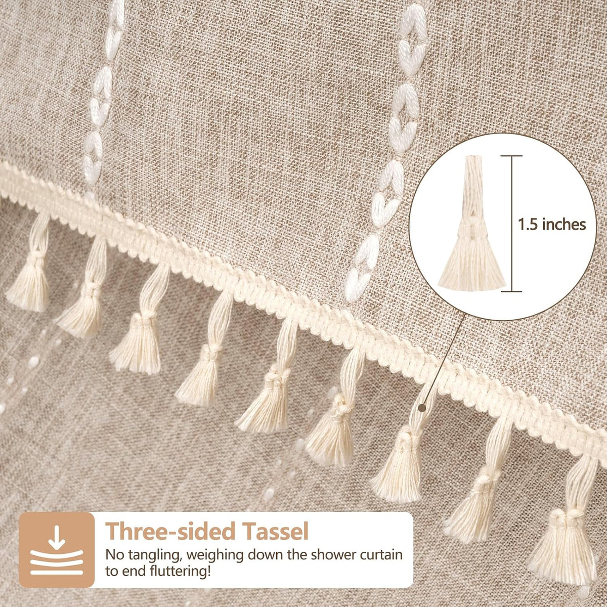 Seenus Boho Farmhouse Linen Shower Curtain with Tassels, Tan Brown Heavyweight Soft Fabric Shower Curtain Striped, 72 x 72 Inch Taupe Water Repellent Rustic Country Bathroom Curtain Wrinkle-Free