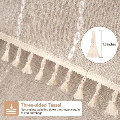 Seenus Boho Farmhouse Linen Shower Curtain with Tassels, Tan Brown Heavyweight Soft Fabric Shower Curtain Striped, 72 x 72 Inch Taupe Water Repellent Rustic Country Bathroom Curtain Wrinkle-Free