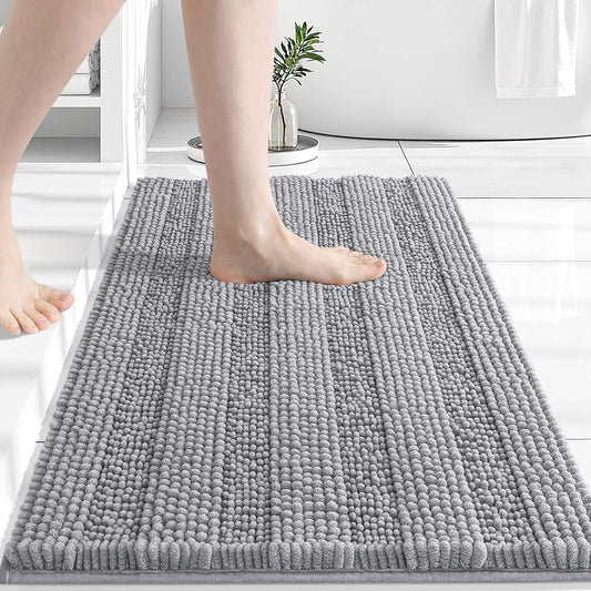 Grandaily Chenille Striped Bathroom Rugs 36x24, Extra Thick and Absorbent Bath Mats, Non-Slip Soft Plush Shaggy Shower Carpet, Machine Wash Dry, Bath Rug for Bathroom, (Large, Light Grey)