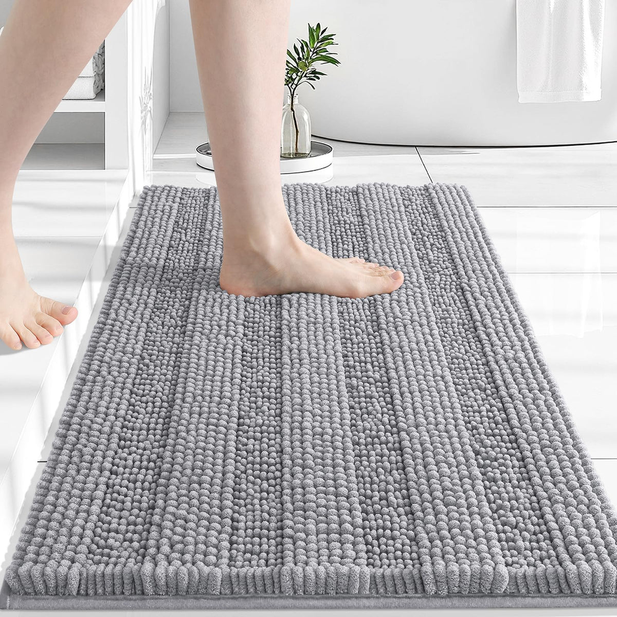 Grandaily Chenille Striped Bathroom Rugs 36x24, Extra Thick and Absorbent Bath Mats, Non-Slip Soft Plush Shaggy Shower Carpet, Machine Wash Dry, Bath Rug for Bathroom, (Large, Light Grey)