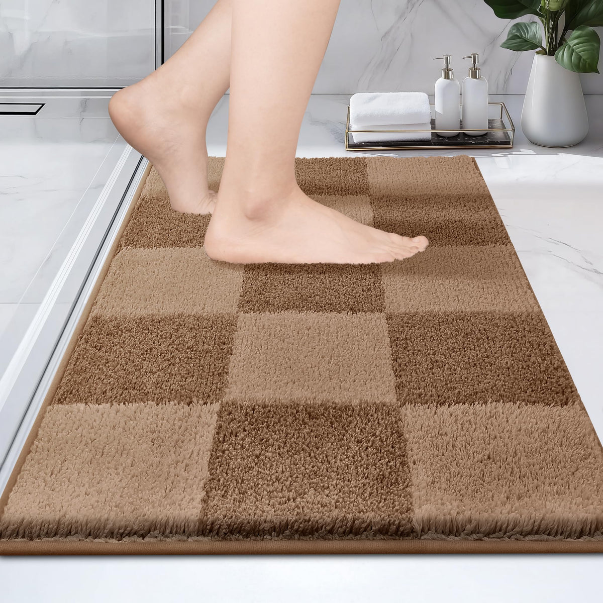 PURRUGS Bathroom Rug Non-Slip Machine Washable 24" x 36", Super Absorbent and Quick-Dry Bath Mat, Extra Soft and Plush Bath Rug for Shower, Bathtub and Sink, Grayish Brown & Coffee