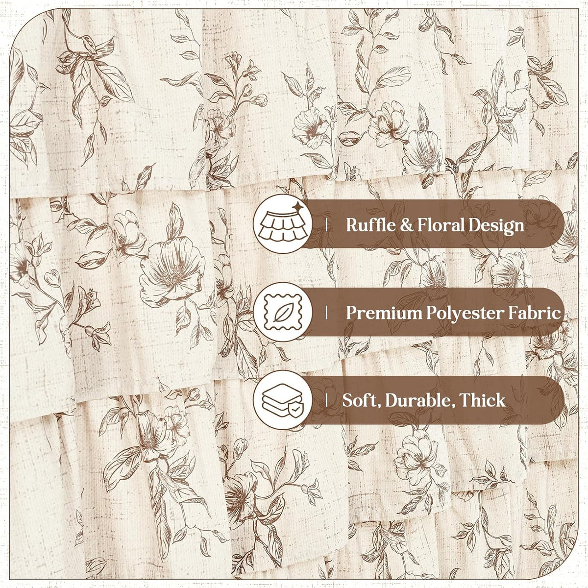 Farmhouse Floral Shower Curtain, Ruffle Bathroom Curtains, 72"Wx72"L