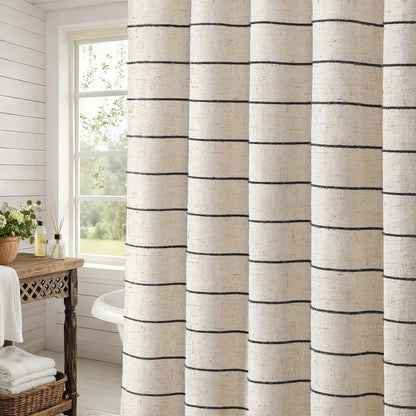 Striped Linen Shower Curtain for Bathroom, Black and Beige 72 W x 72 H