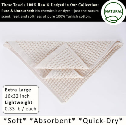 PÜSKÜL Natural 100% Turkish Cotton Waffle Hand and Kitchen Towels Set of 3