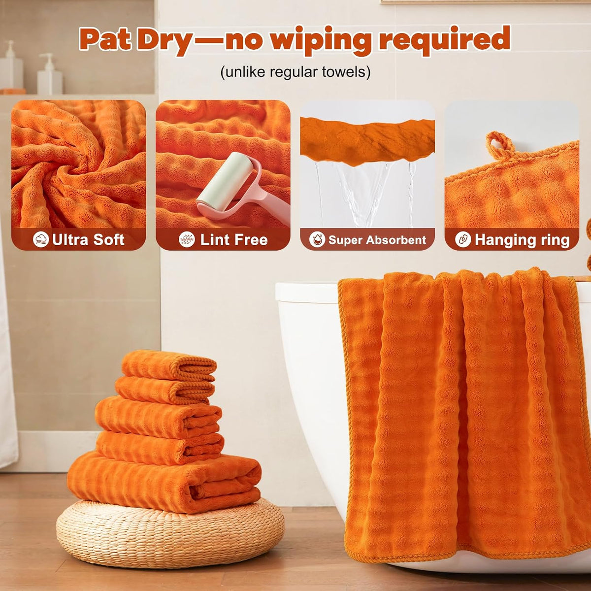 COZYART Lint Free 8 Pcs Bathroom Towels Set Ultra Soft Microfiber Orange