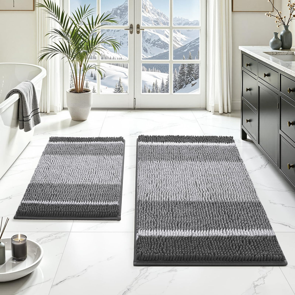 HOMEIDEAS Blue Bathroom Rugs Set, Striped Chenille, 20"x32"+17"x24"