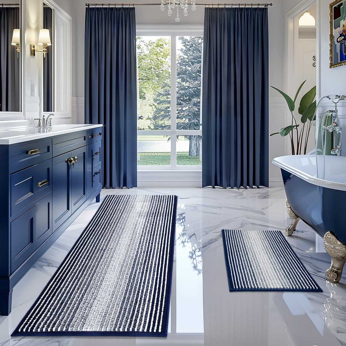 BSICPRO Bathroom Rugs Sets 2 Piece, Non Slip Striped Bath Mats, Fog Blue